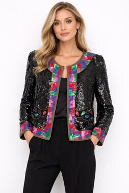 1980s Pinky Creations Silk Sequin Jacket Black,Pink & red size Medium